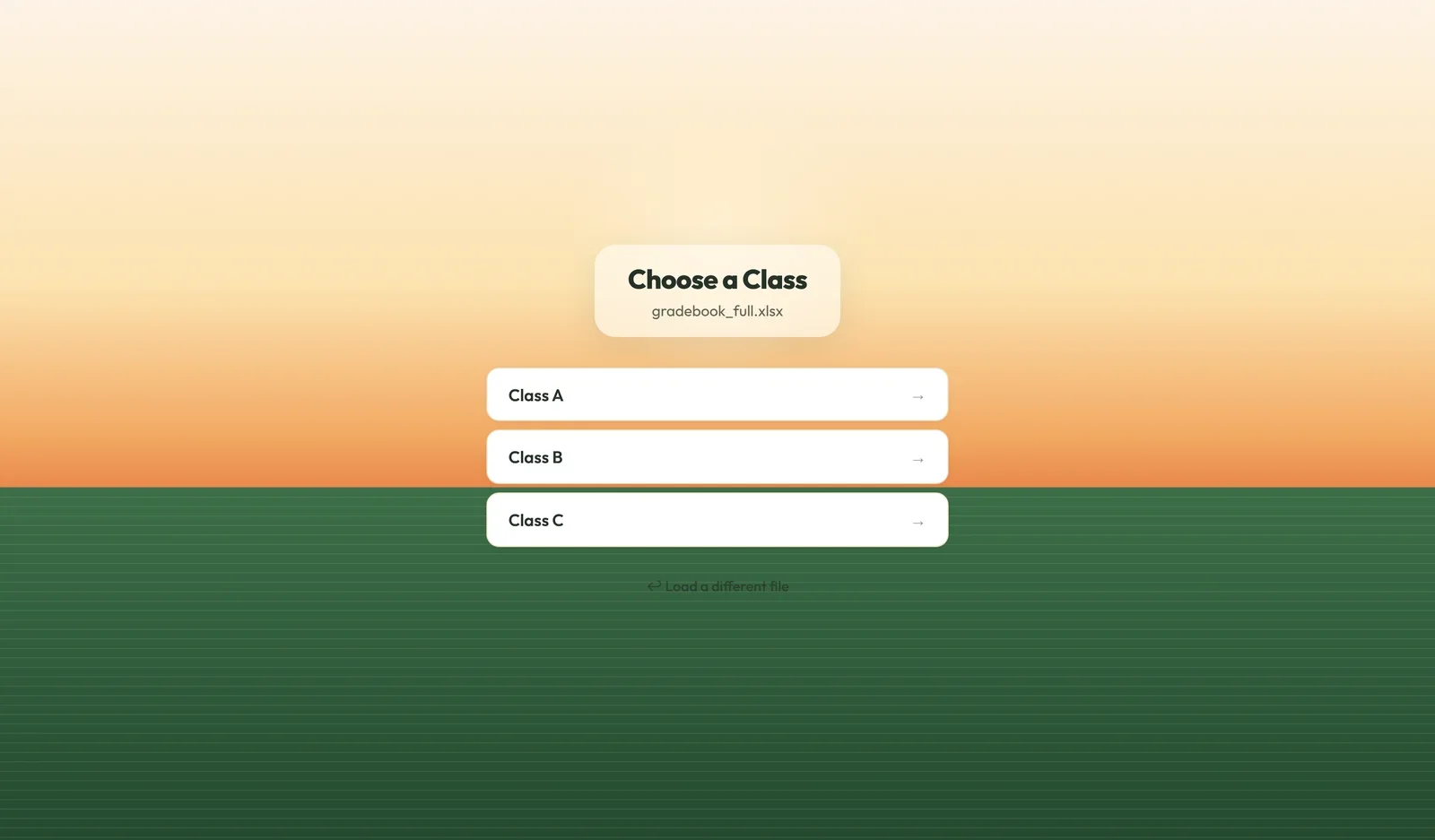 Class picker listing three classes
