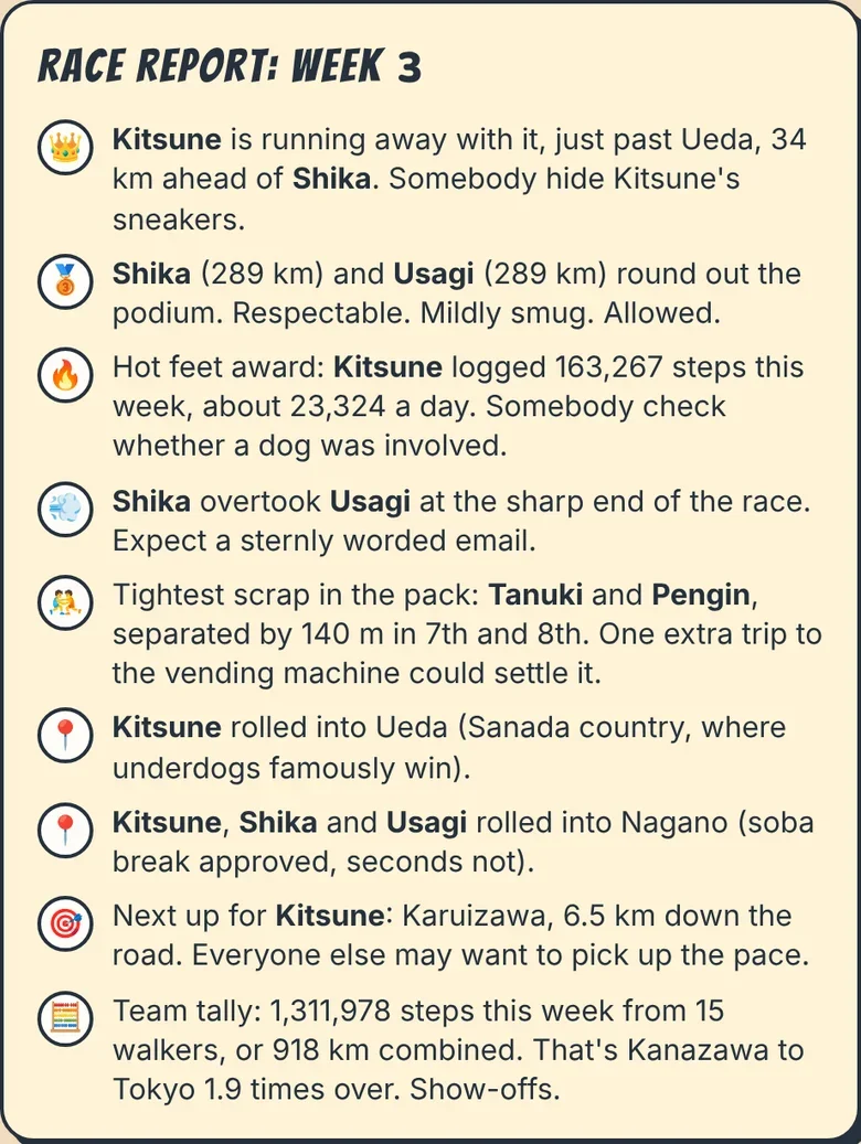 Race report card with short, lighthearted notes about the week