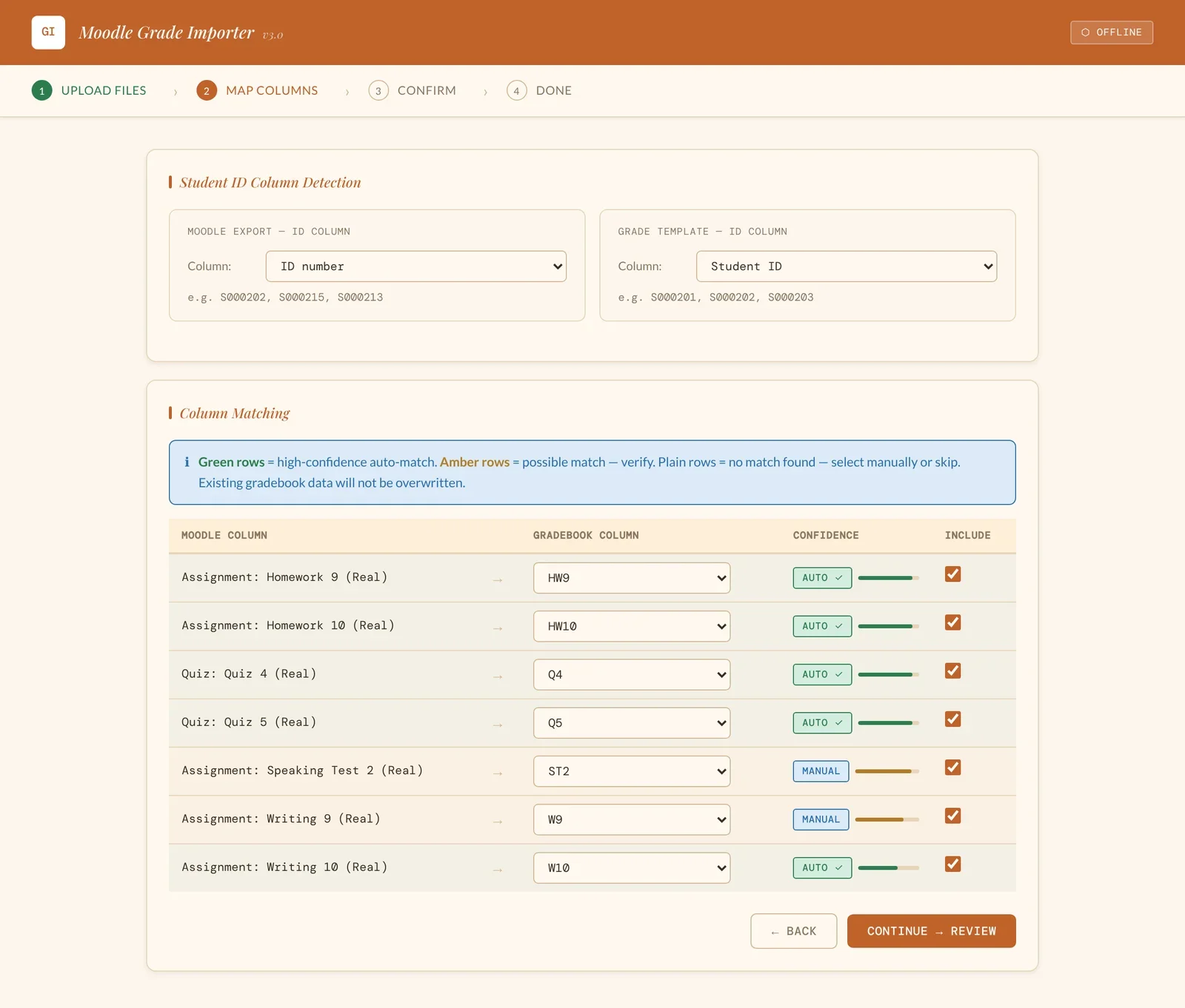 Column matching table pairing Moodle columns with gradebook columns, with confidence badges
